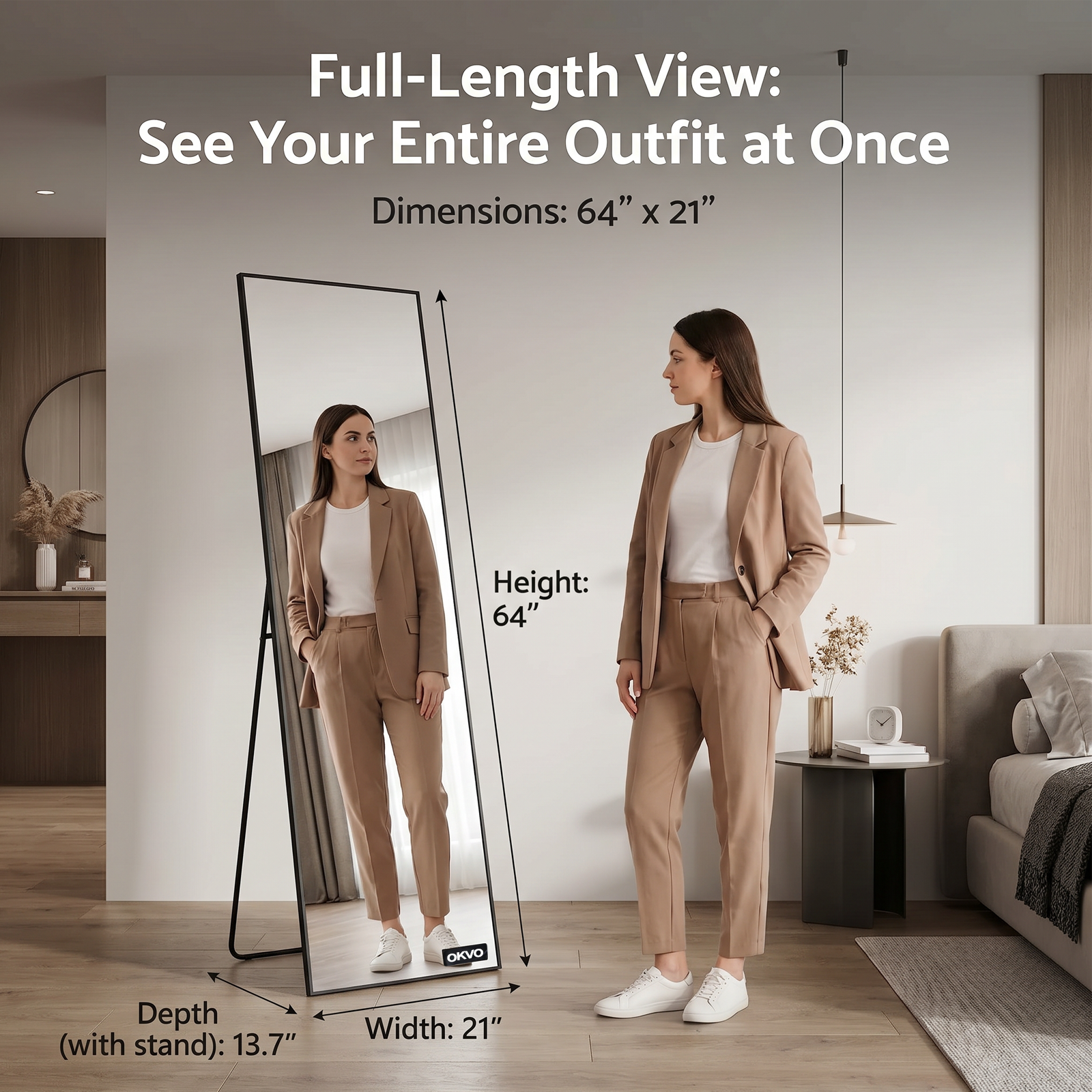 OKVO 21" x 64" Full Length Floor Mirror with Stand, Black Aluminum Frame