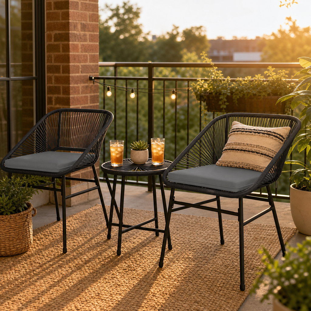 OKVO 3-Piece Wicker Bistro Set, Outdoor Patio Furniture Set with Glass Top Table and Cushioned Chairs, Black