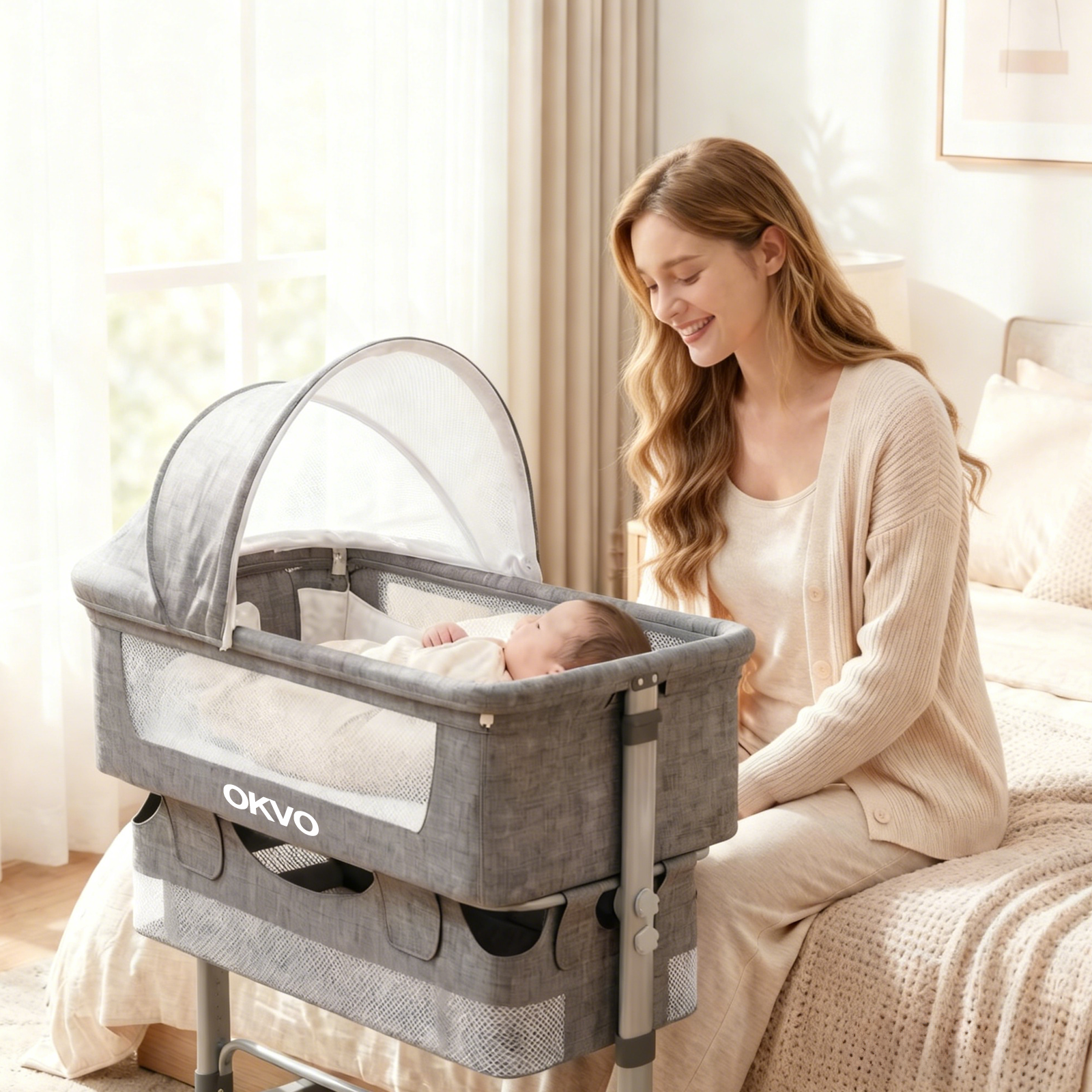 OKVO 3-in-1 Baby Bassinet Bedside Sleeper with Mosquito Net, Storage Bag and Lockable Wheels