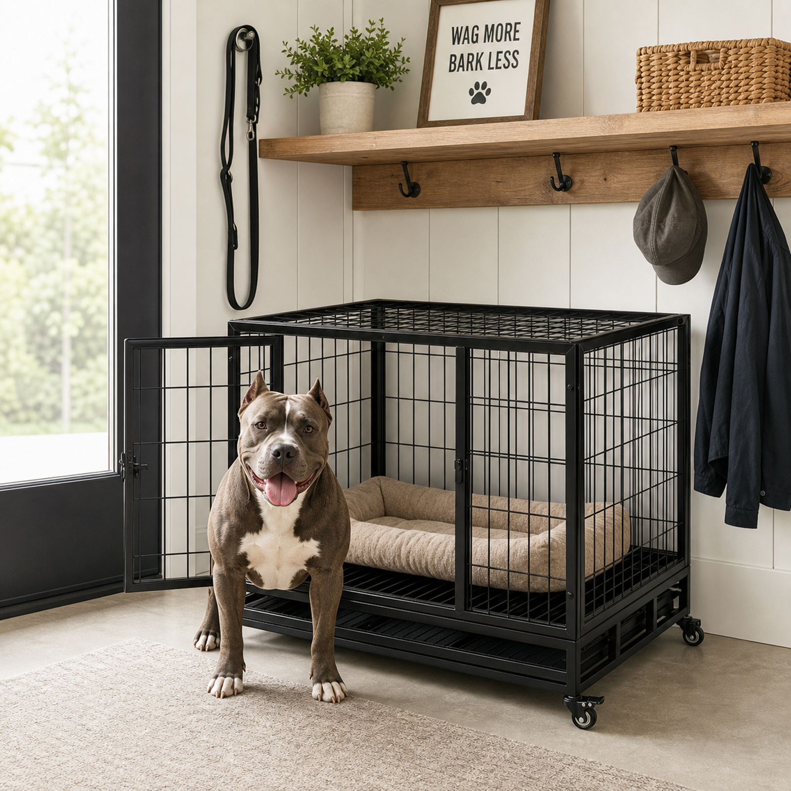 OKVO 36" Heavy Duty Dog Crate with Removable Tray, Lockable Wheels and Double Doors, Black