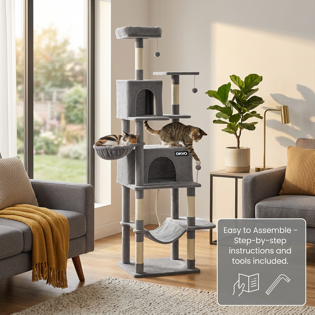 OKVO 80" Multi-Level Cat Tower with Condos, Hammocks and Scratching Posts, Dark Gray