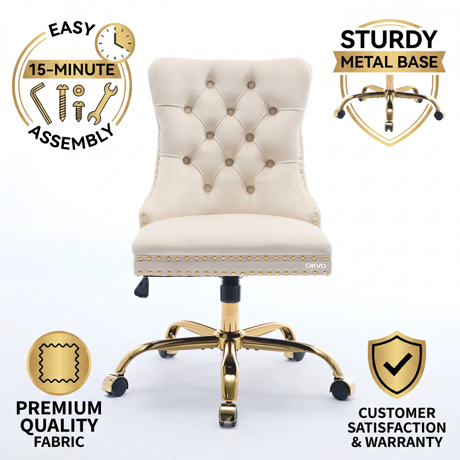 OKVO Velvet Home Office Chair with Tufted Back and Gold Metal Base, Beige