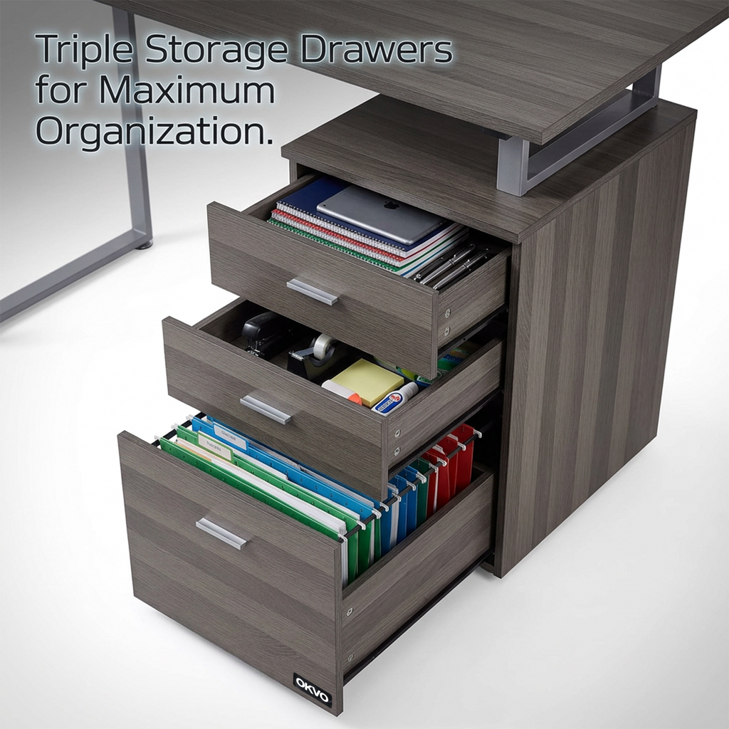 OKVO 47" Computer Desk with Reversible File Drawers, Dark Wood Grain