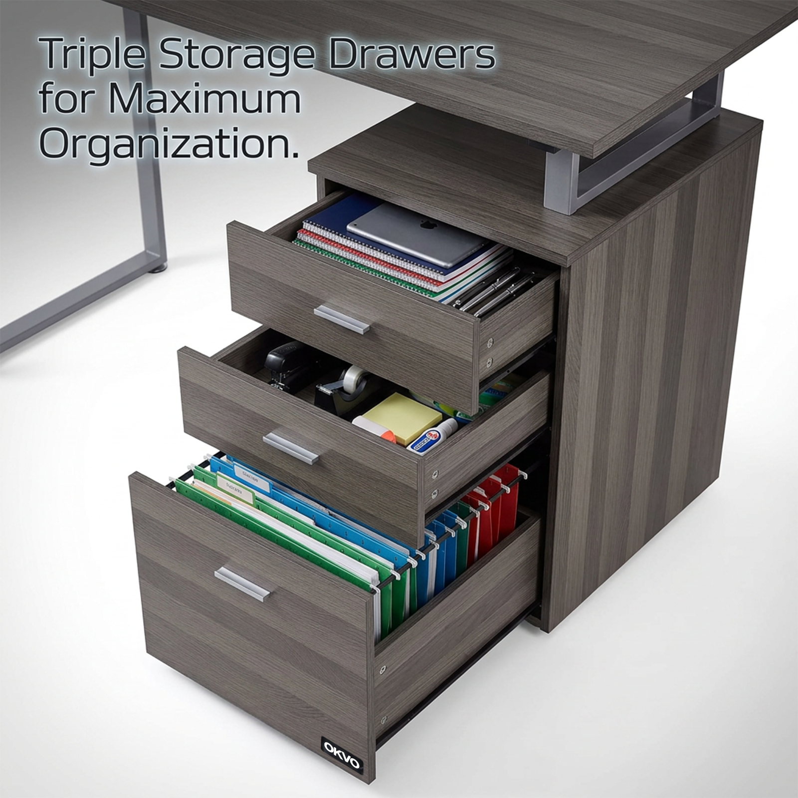 OKVO 47" Computer Desk with Reversible File Drawers, Dark Wood Grain