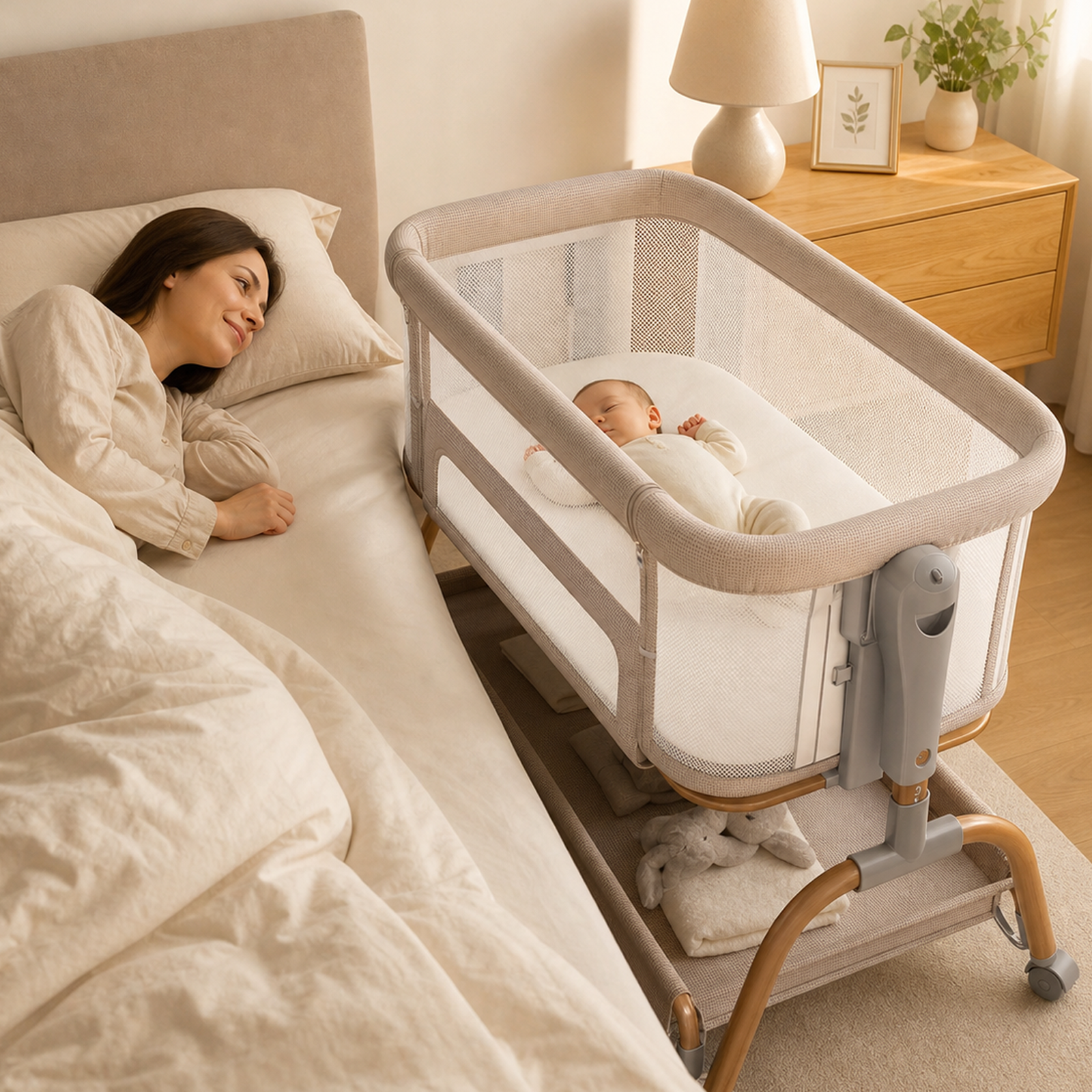 OKVO 3-in-1 Baby Bassinet Bedside Sleeper with Rocking Mode, Full Mesh Sides and Adjustable Height